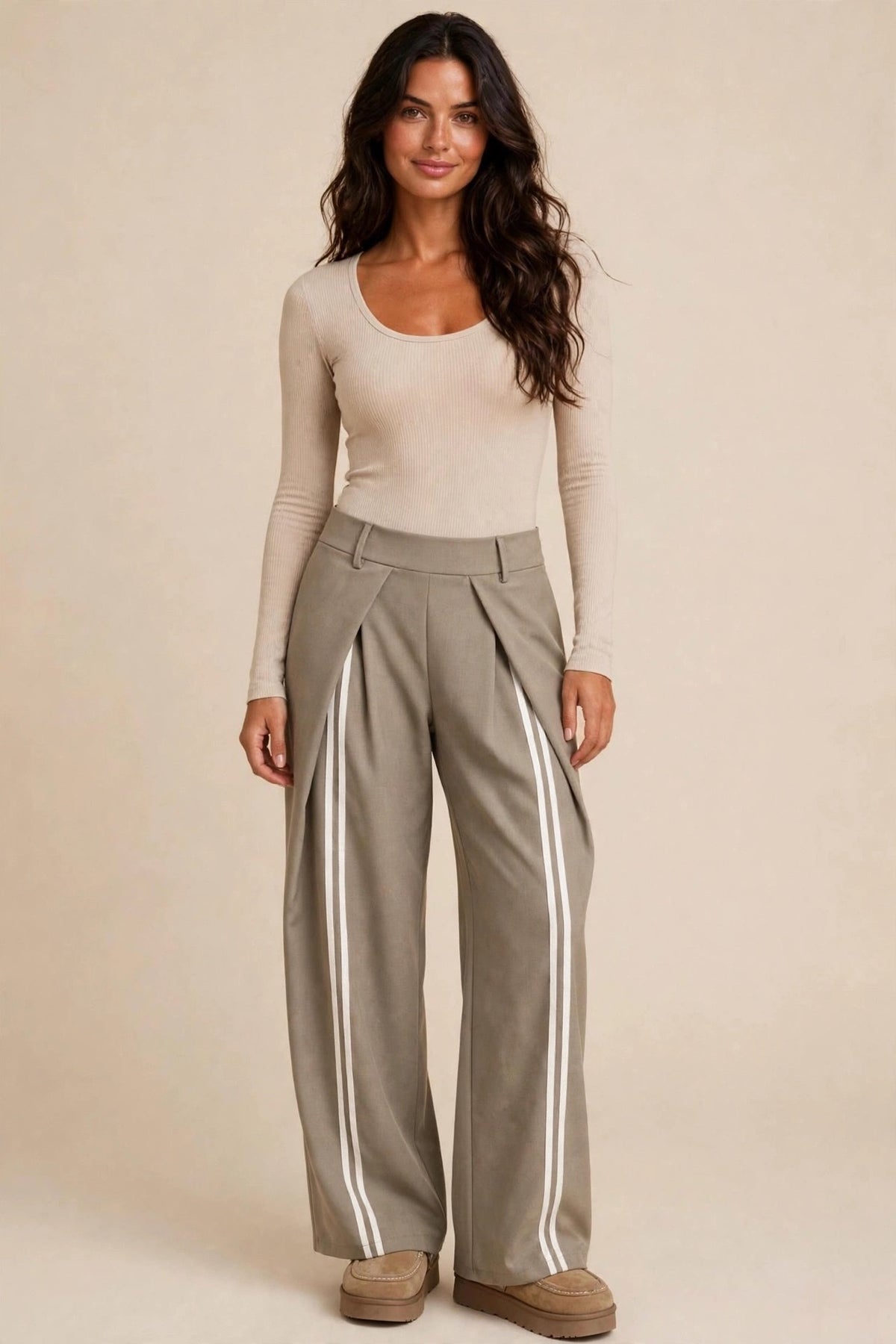 Taupe Tailored Pleated Trousers With Front Stripe