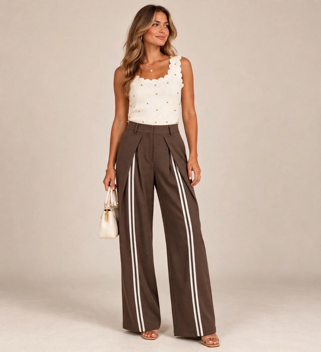 Chocolate Tailored Pleated Trousers With Front Stripes