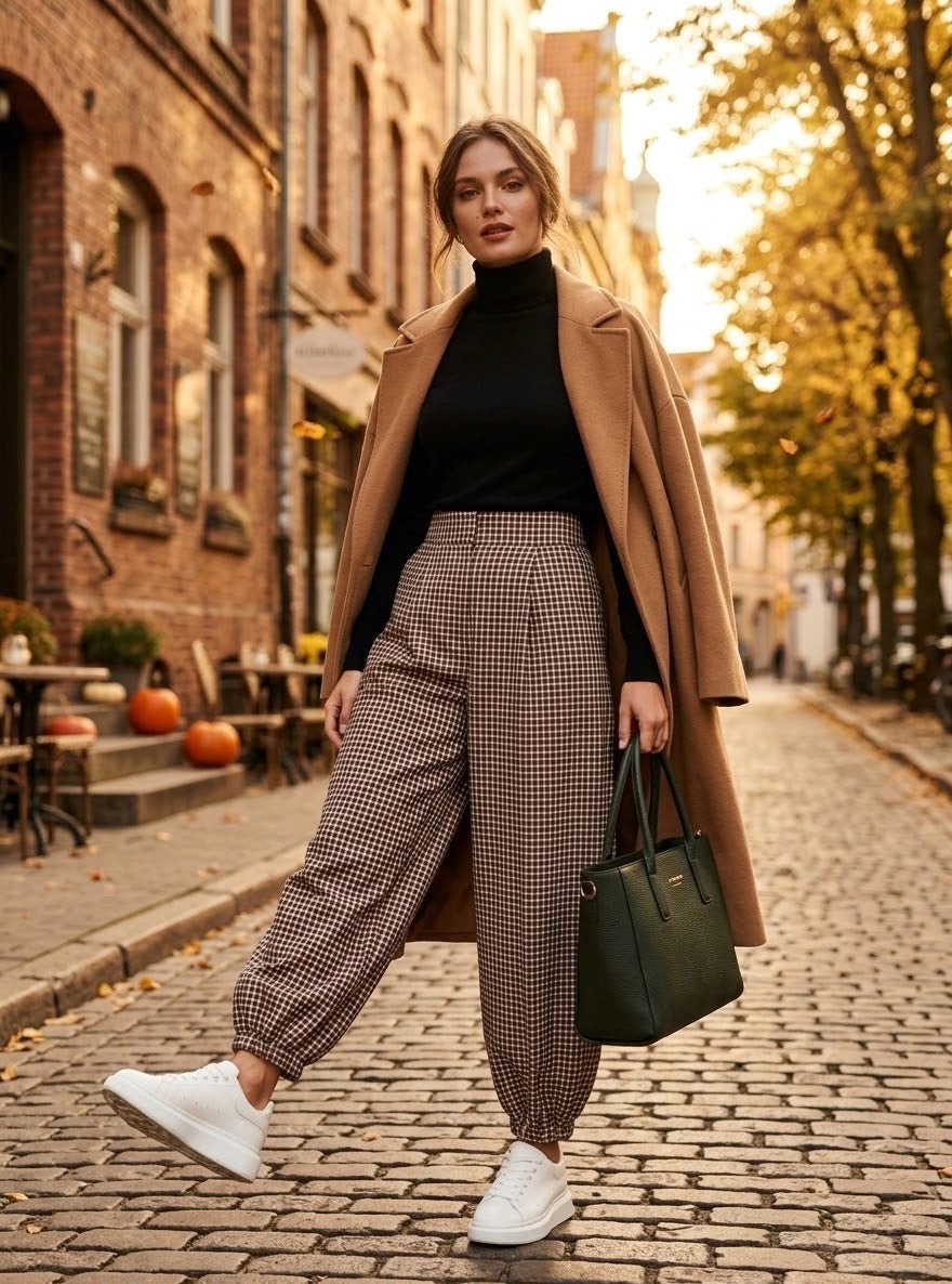 Chocolate Check Print Balloon Leg Trousers