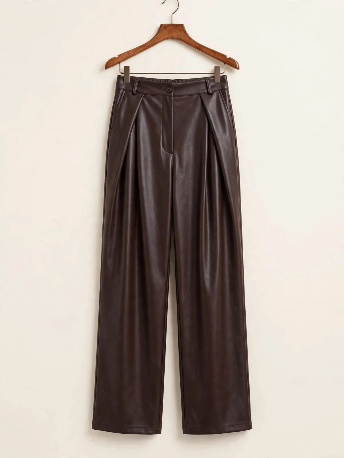 Chocolate Faux Leather Pleated Tailored Wide Leg Trousers