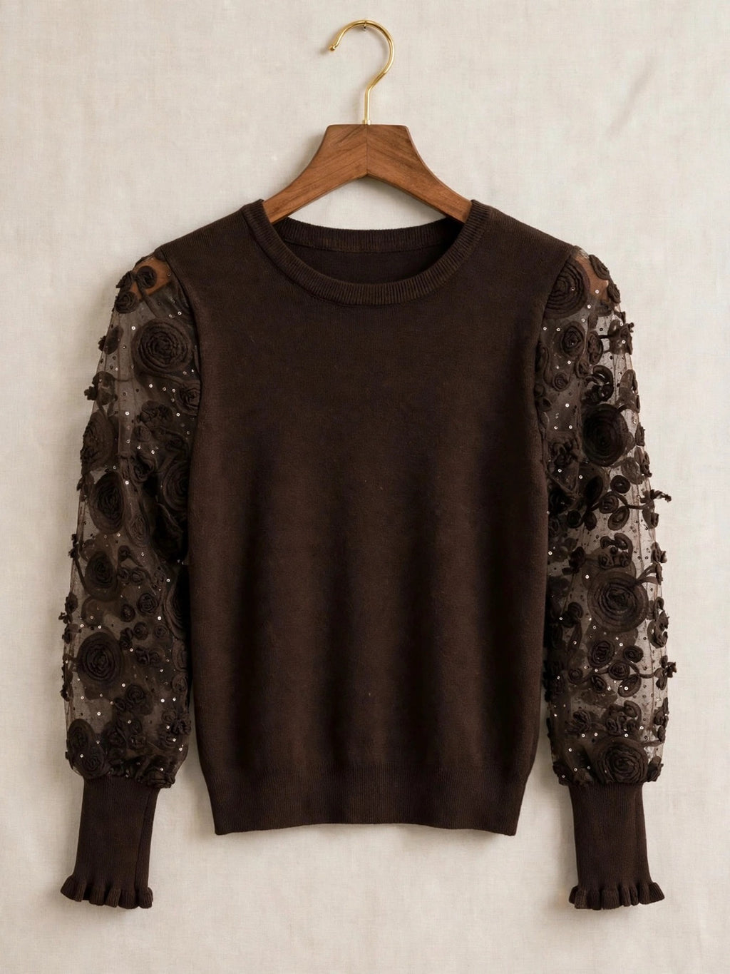 Chocolate Luxe 3D Rose Mesh Sleeve Jumper 🌹