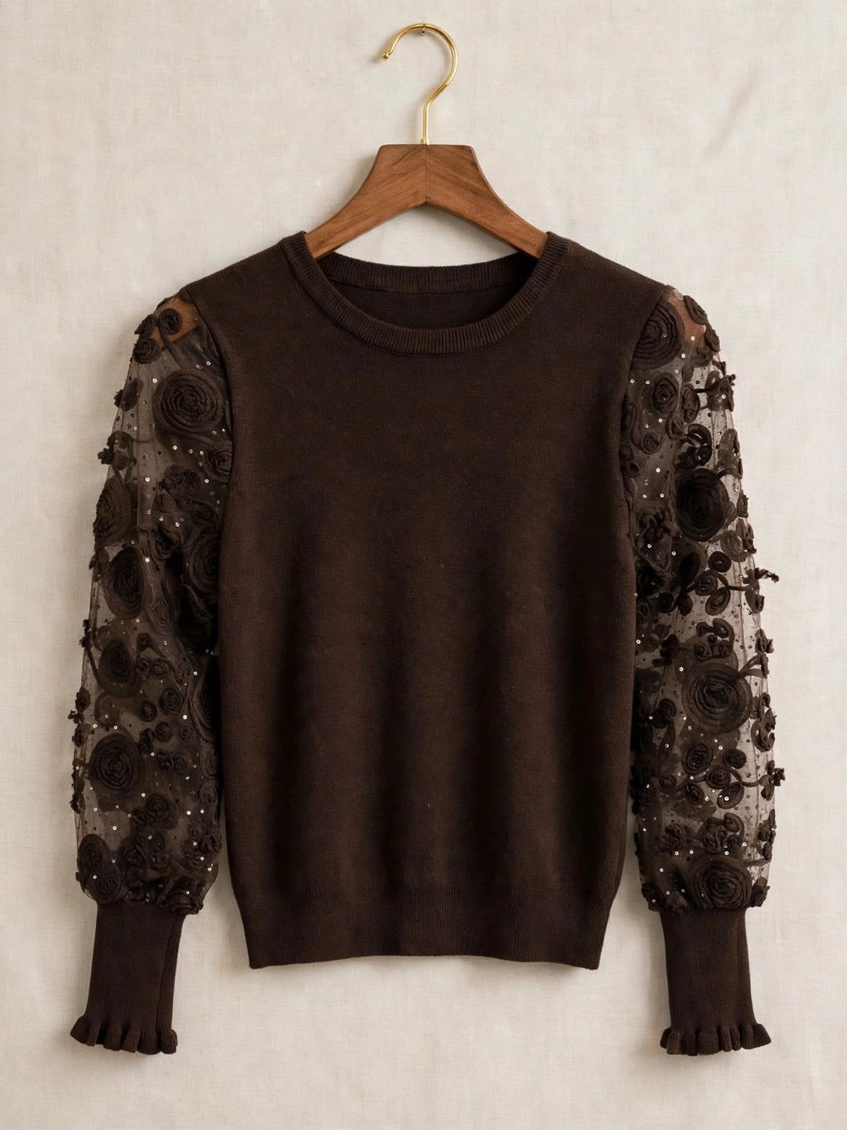 Chocolate Luxe 3D Rose Mesh Sleeve Jumper 🌹