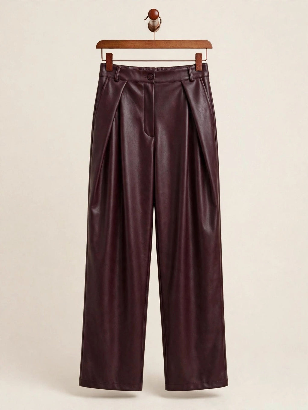 Burgundy Faux Leather Pleated Tailored Wide Leg Trousers