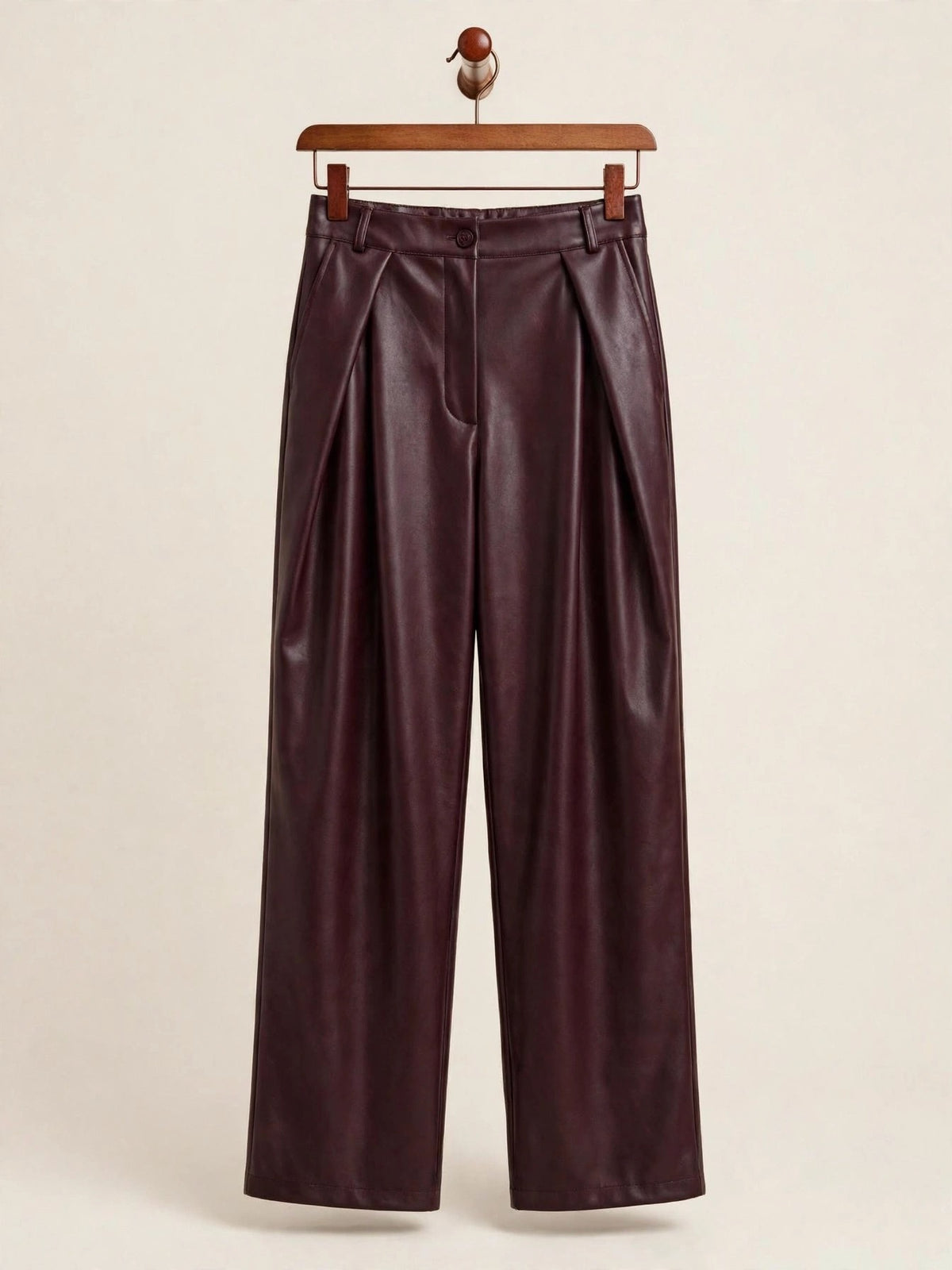 Burgundy Faux Leather Pleated Tailored Wide Leg Trousers