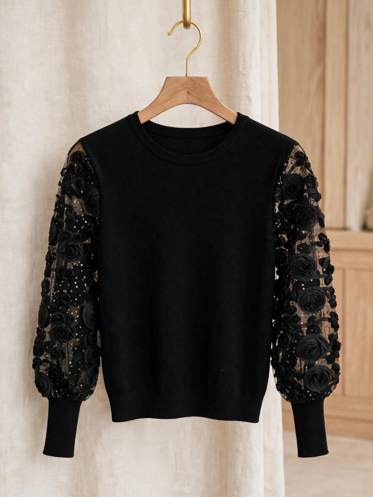 Black Luxe 3D Rose Mesh Sleeve Jumper 🌹