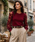 Wine Luxe 3D Rose Mesh Sleeve Jumper 🌹