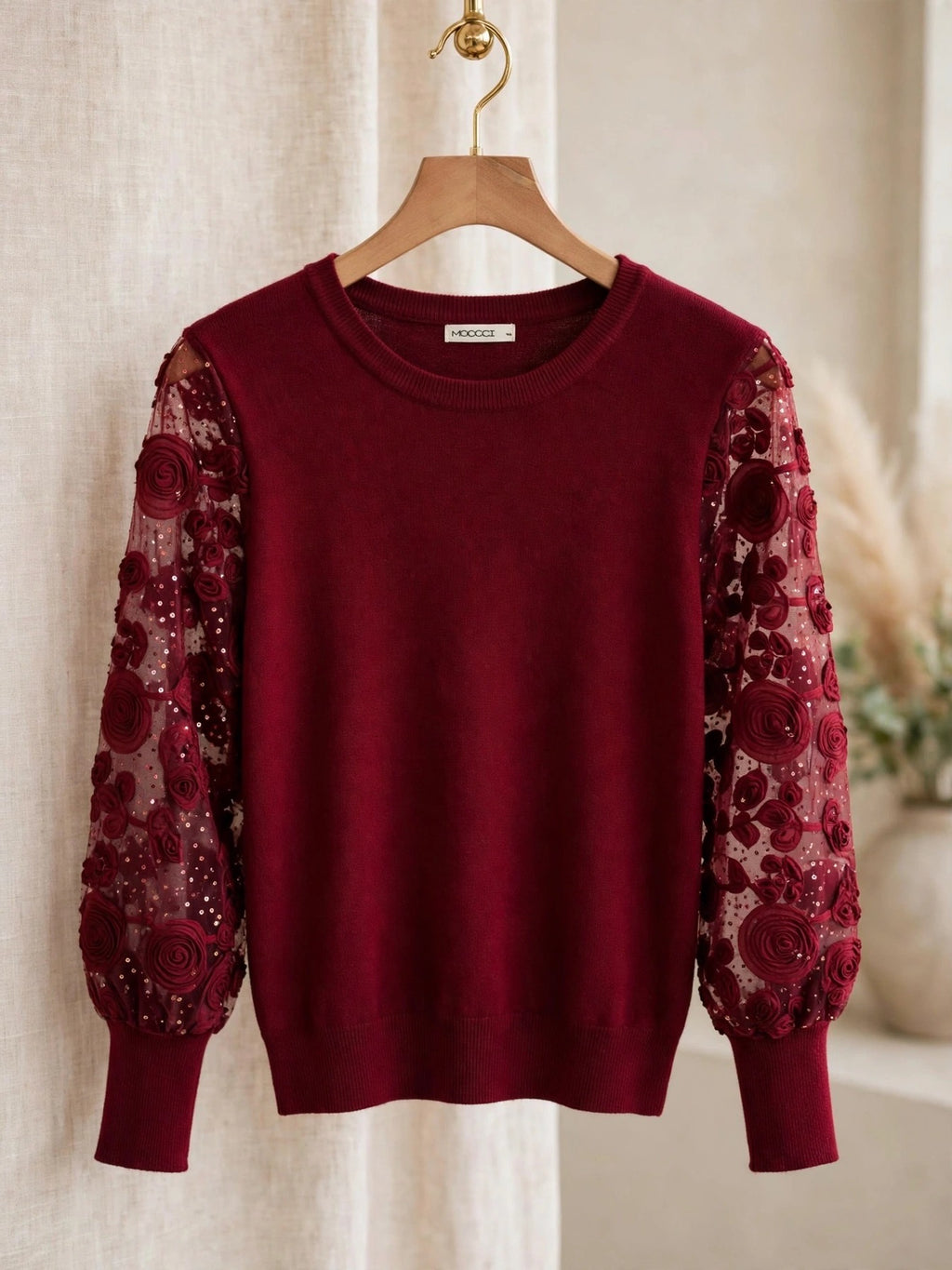 Wine Luxe 3D Rose Mesh Sleeve Jumper 🌹