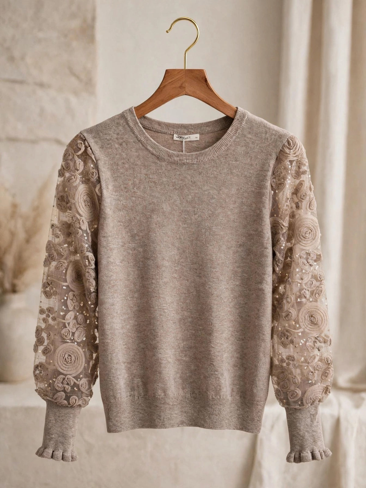 Taupe Luxe 3D Rose Mesh Sleeve Jumper 🌹