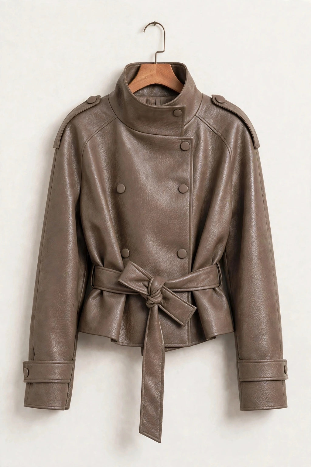 Luxe High Neck Belted Mocha PU Jacket