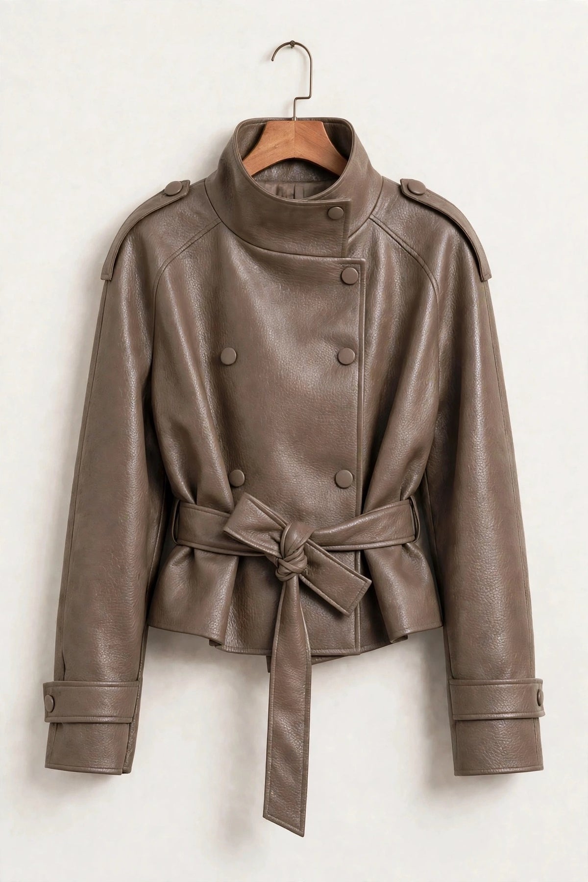 Luxe High Neck Belted Mocha PU Jacket