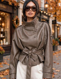 Luxe High Neck Belted Mocha PU Jacket