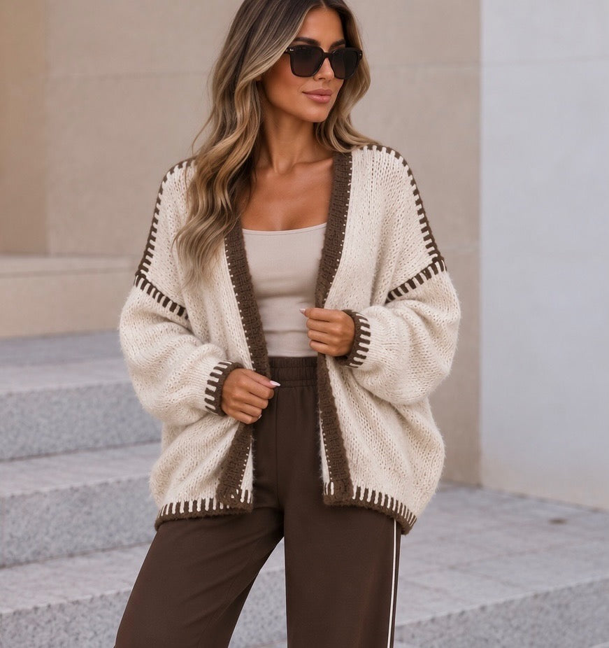 Cream & Choc Contrast Stitch Slouch Cardigan