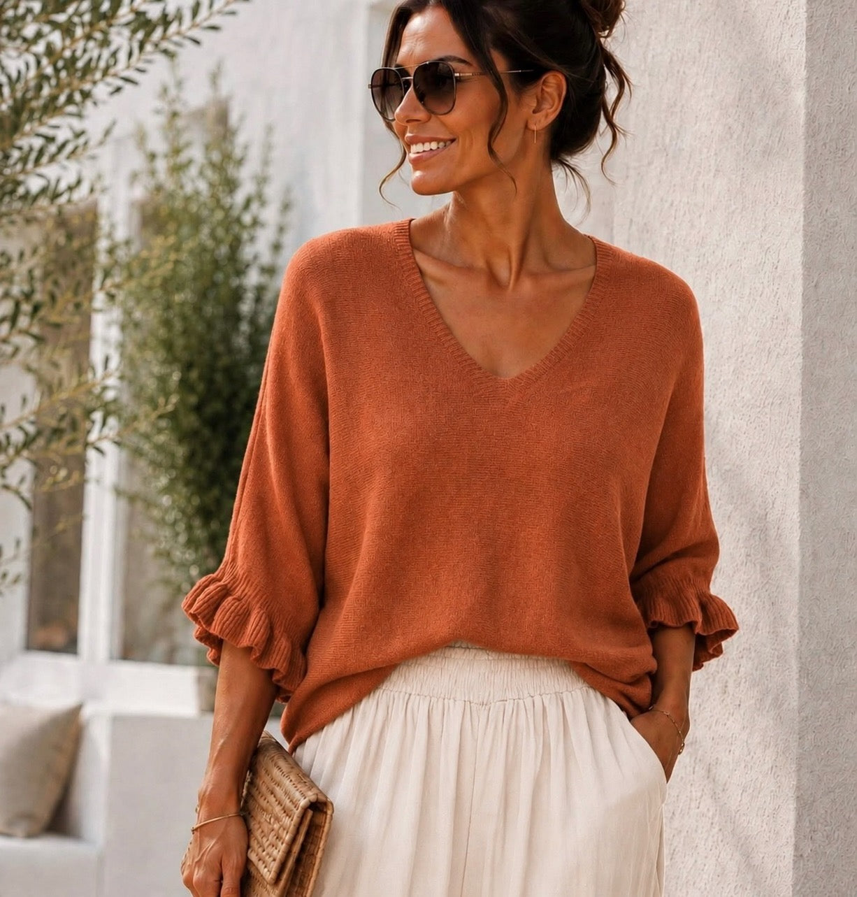 Burnt Orange Ruffle Sleeve Soft Knit V-Neck Top