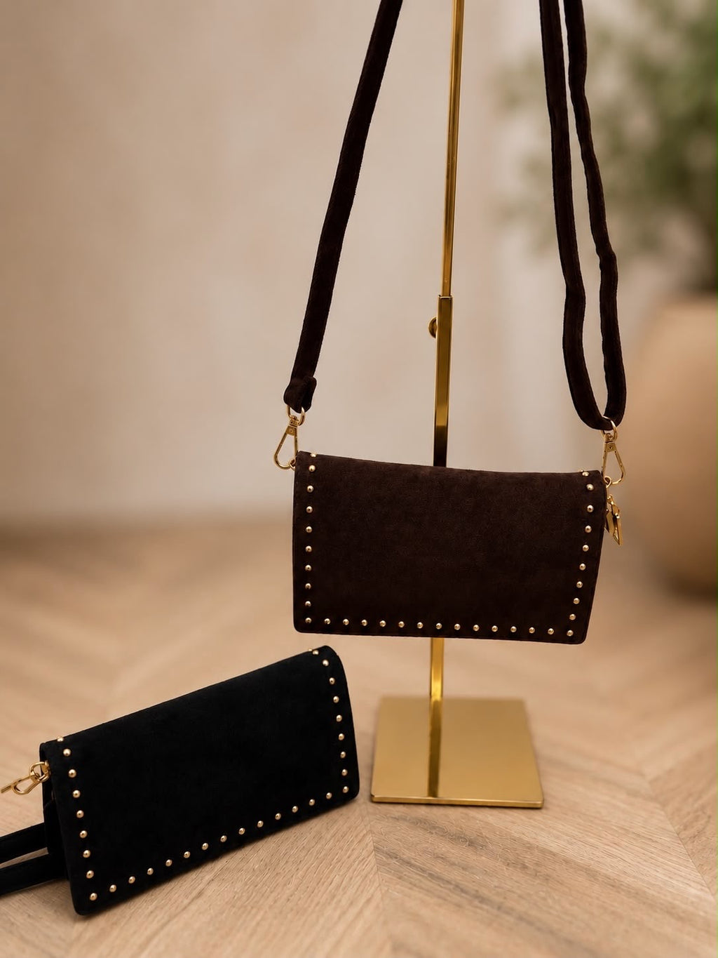 The Faux Suede Studded Envelope Crossbody Bag