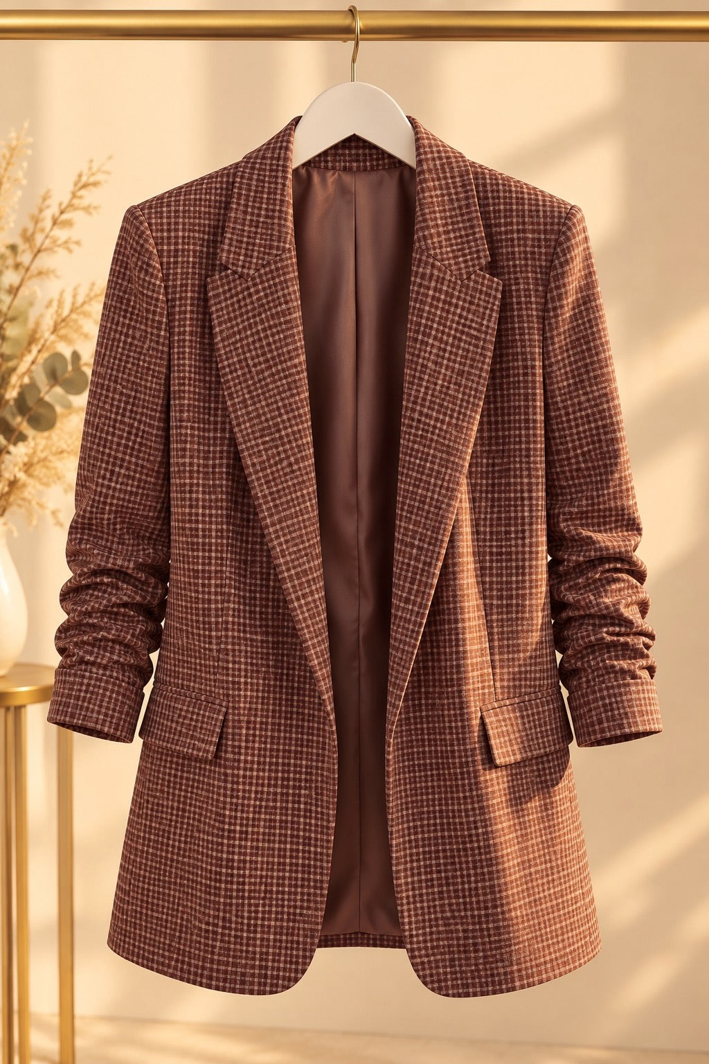 Chocolate Gingham Check Ruched Arm Blazer 🤎