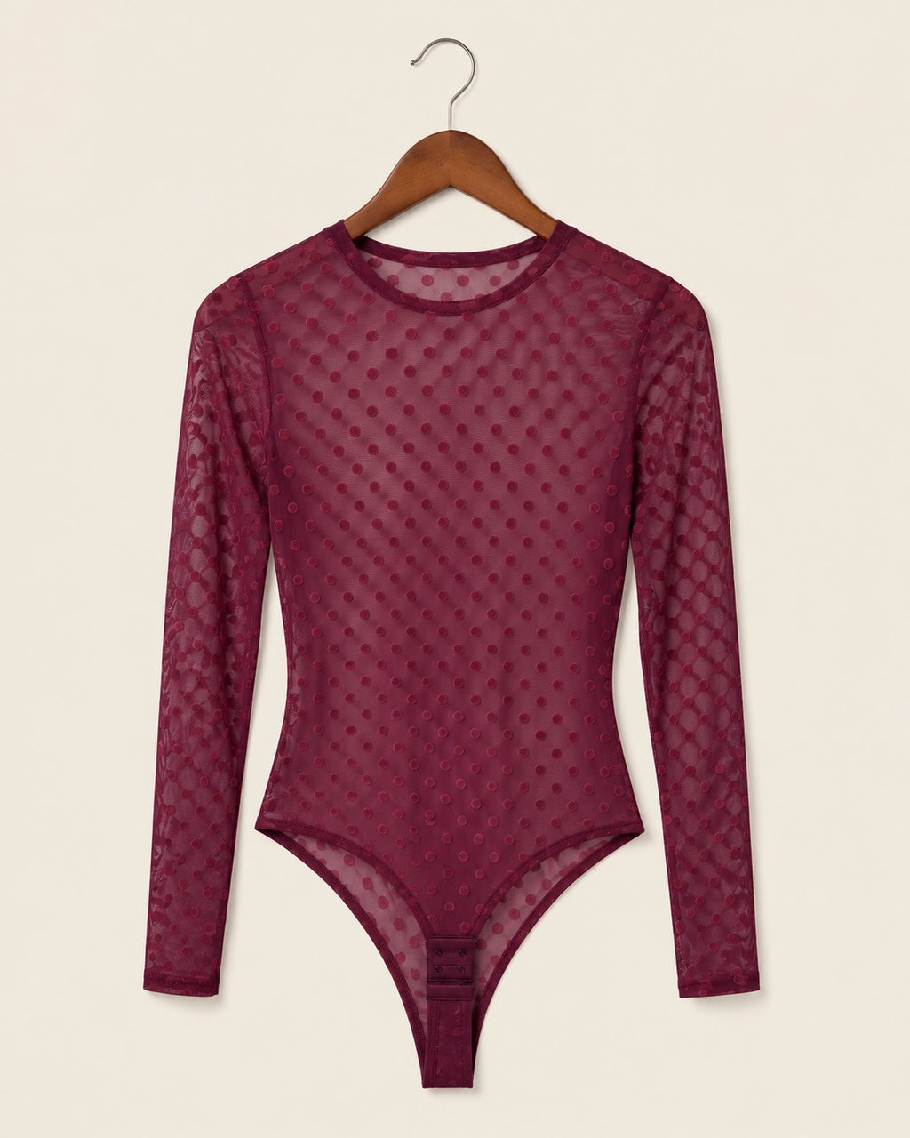 Burgundy Polka Dot Sheer Mesh Bodysuit