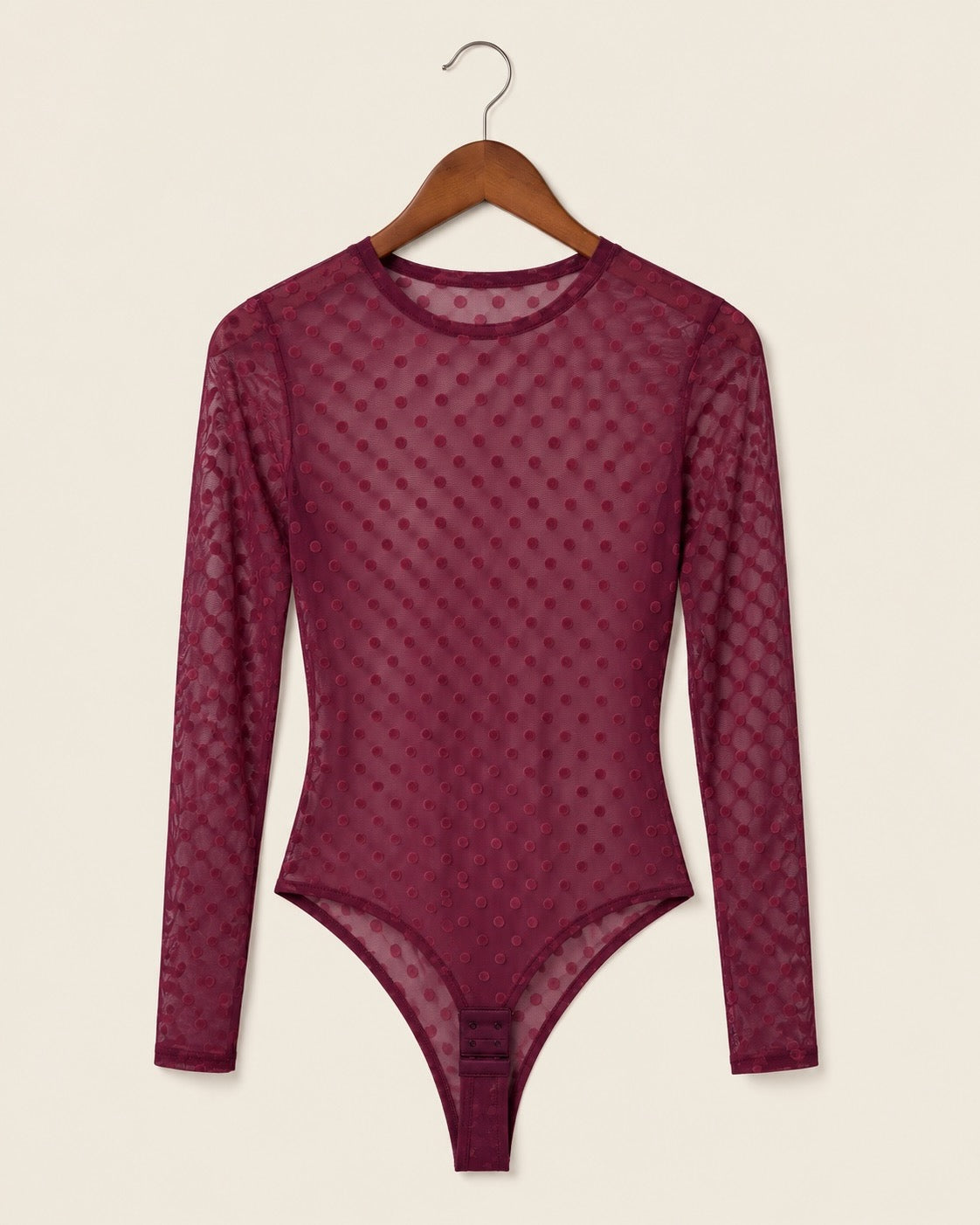 Burgundy Polka Dot Sheer Mesh Bodysuit