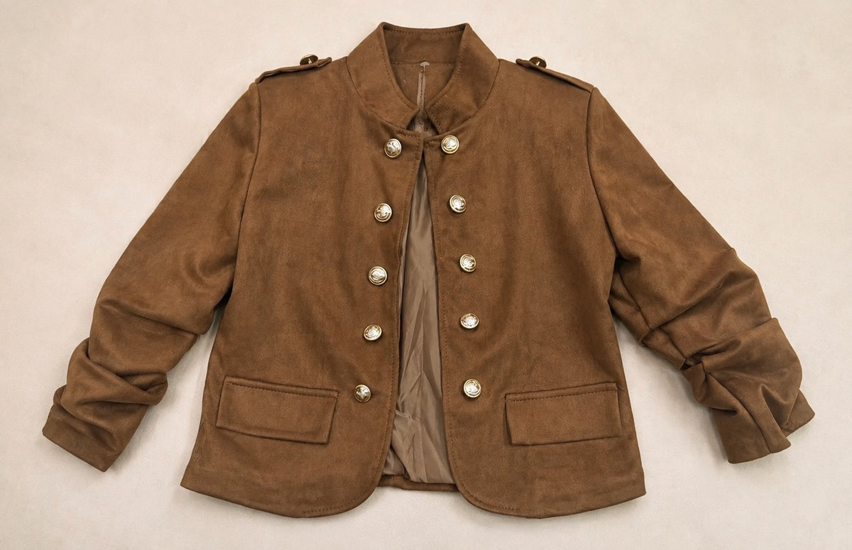 Tan Military Suede Cropped Jacket with Ruched Arms