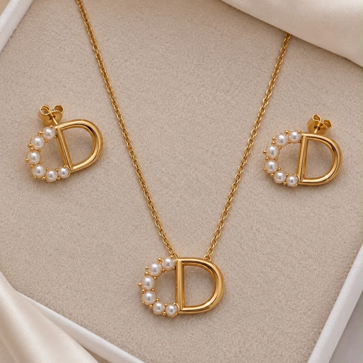 Gold Pearl 'D' Necklace & Earrings Set