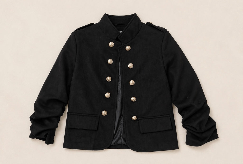 Black Military Suede Cropped Jacket with Ruched Arms
