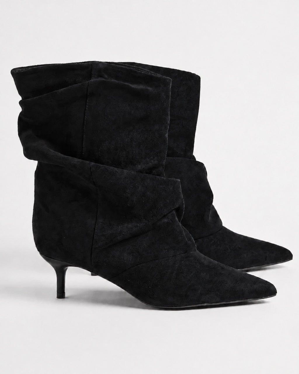 Black Faux Suede Ankle Boots with Kitten Heels