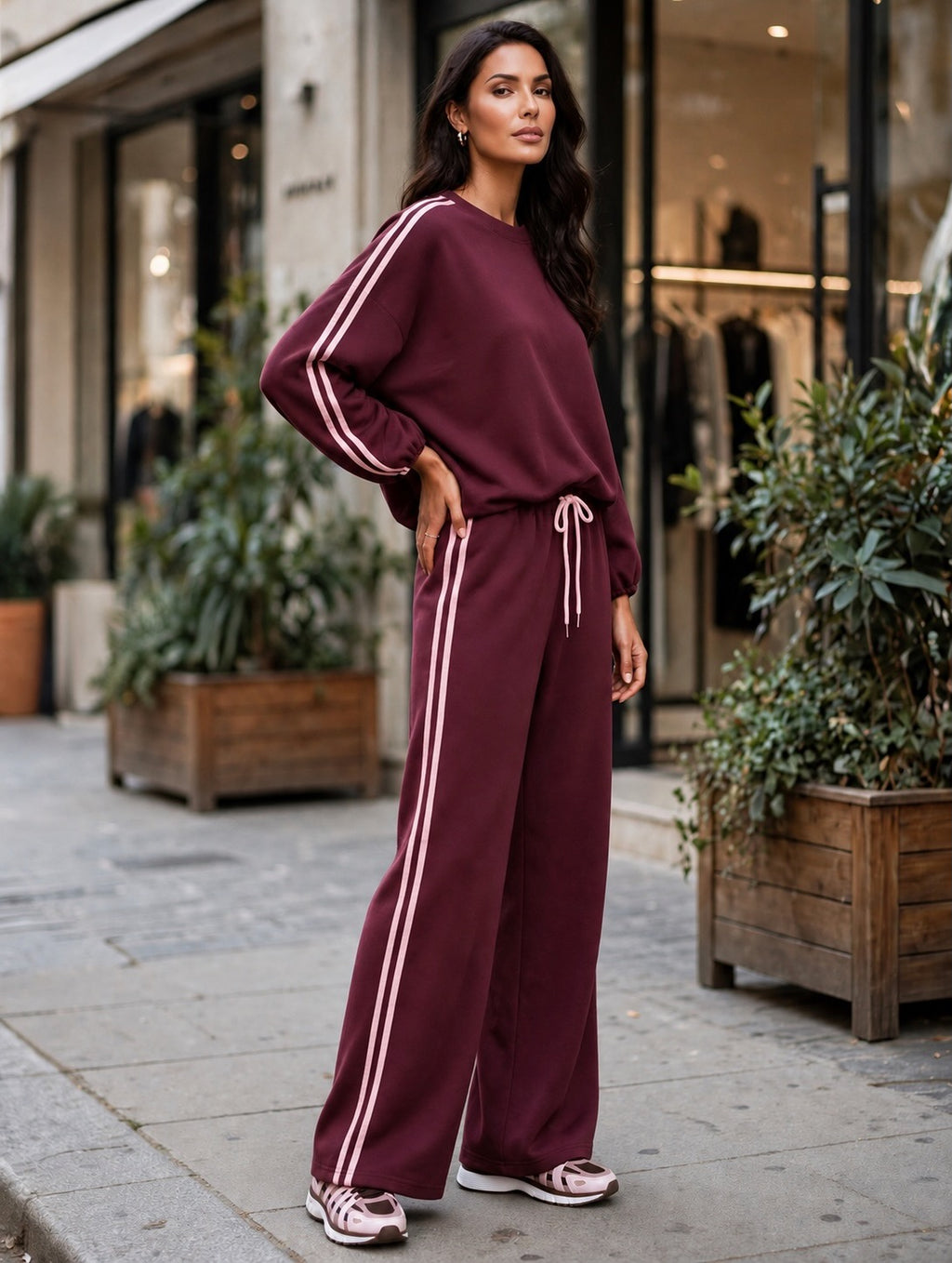 Wine & Pastel Pink Double Stripe Bubble Hem Wide-Leg Co-ord Set