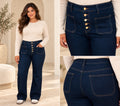 Navy Curvy Multi-Colour Button Wide Leg Jeans