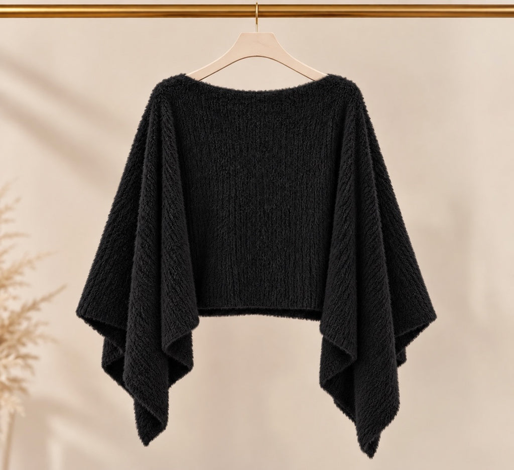 Black Plush Faux Fur Poncho Top