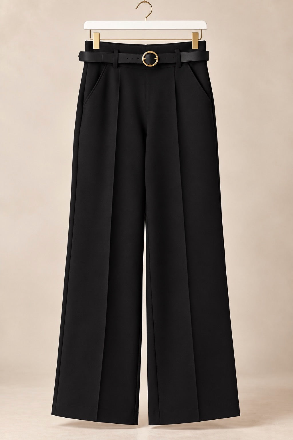 Black Scuba Belted Wide Leg Pants