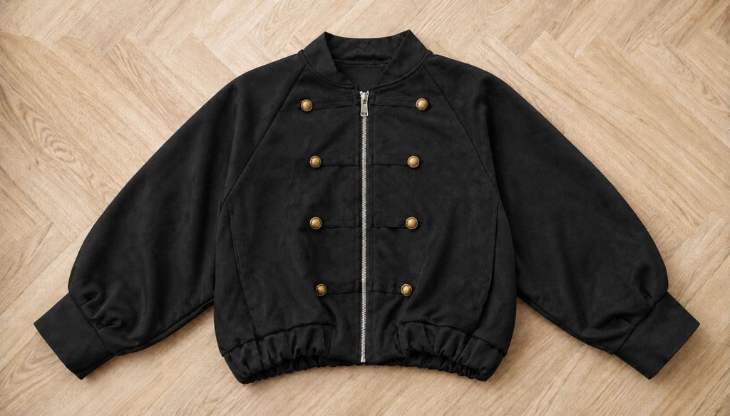 Black Suede Military Cropped Bomber Jacket