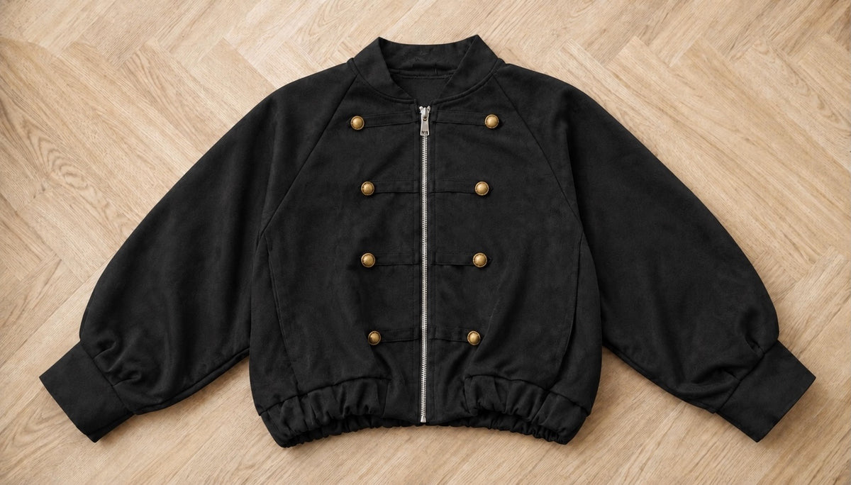 Black Suede Military Cropped Bomber Jacket