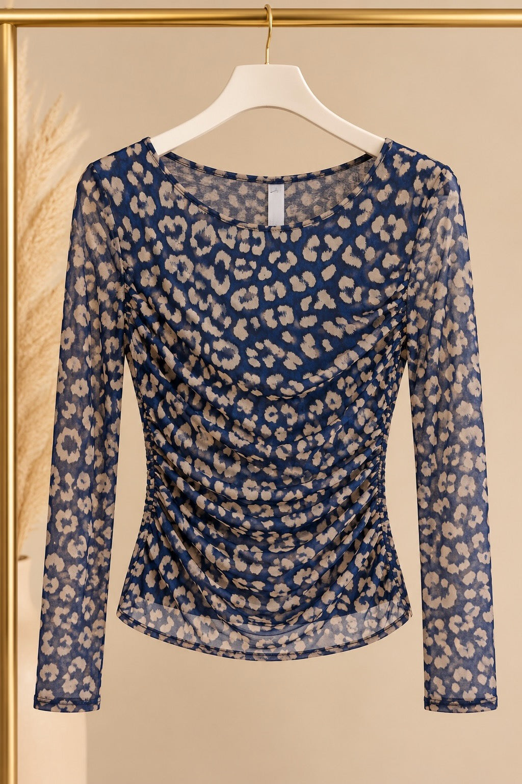 Navy Leopard Print Ruched Mesh Top
