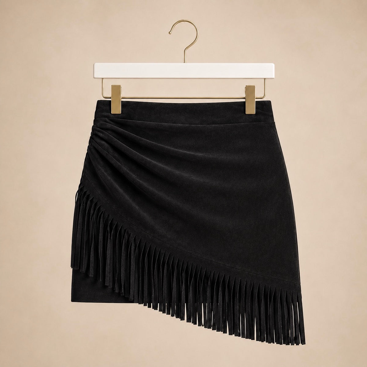 Luxe Black Suedette Fringe Wrap Mini Skirt