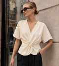 Cream Luxe Pearl-Detail Wrap Top