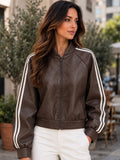Stripe Faux Chocolate Leather Bomber Jacket