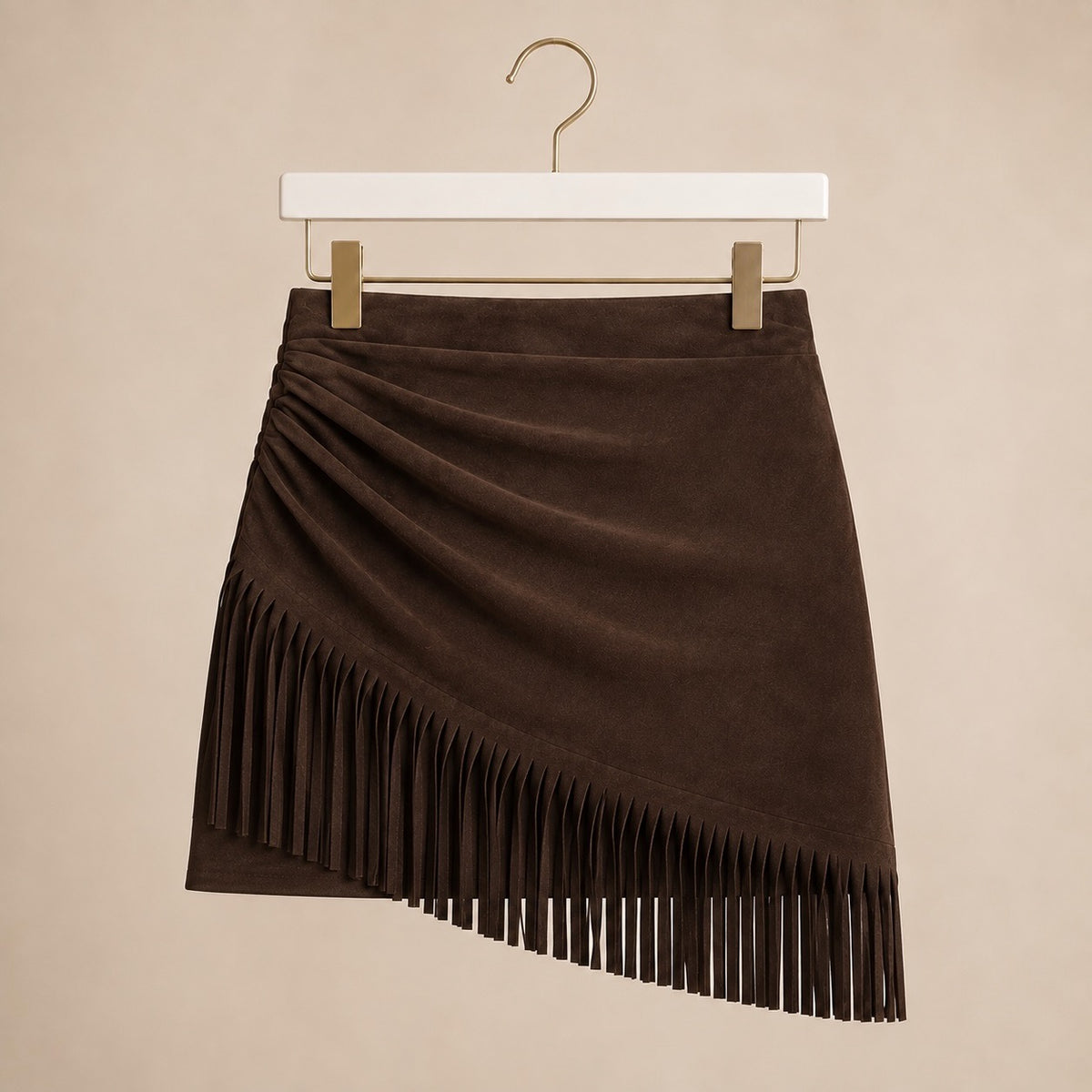 Luxe Chocolate Suedette Fringe Wrap Mini Skirt