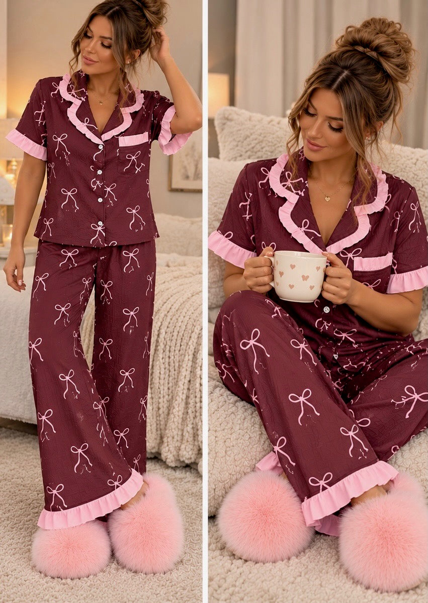 Brown & Pink Bows Frill Pyjama Set