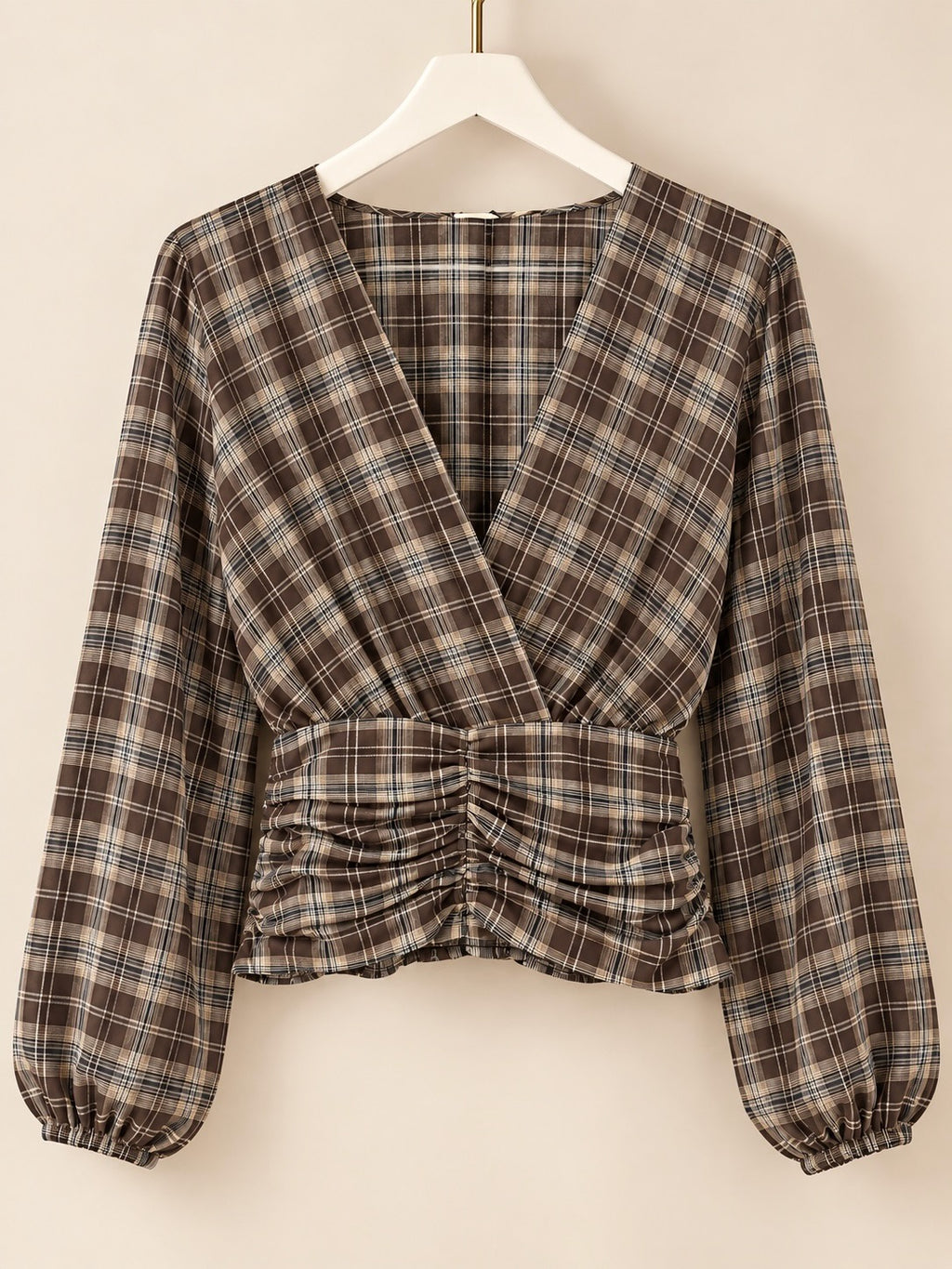 Chocolate Check Ruched Wrap Top