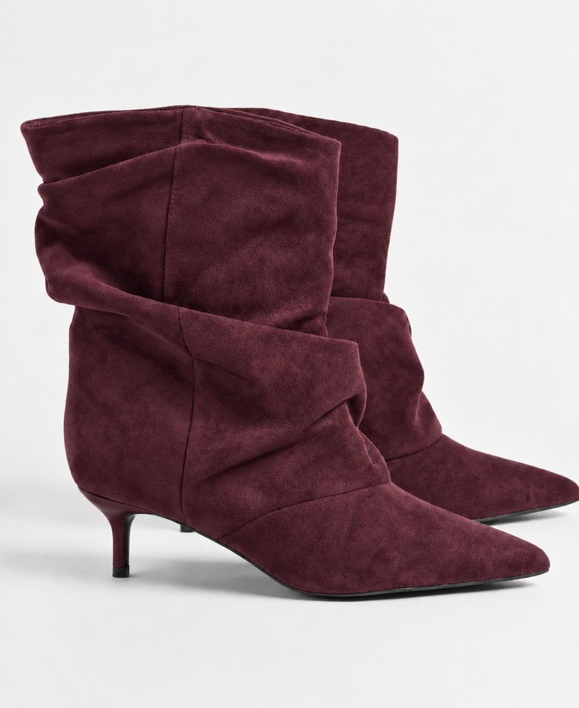 Burgundy Faux Suede Ankle Boots with Kitten Heels