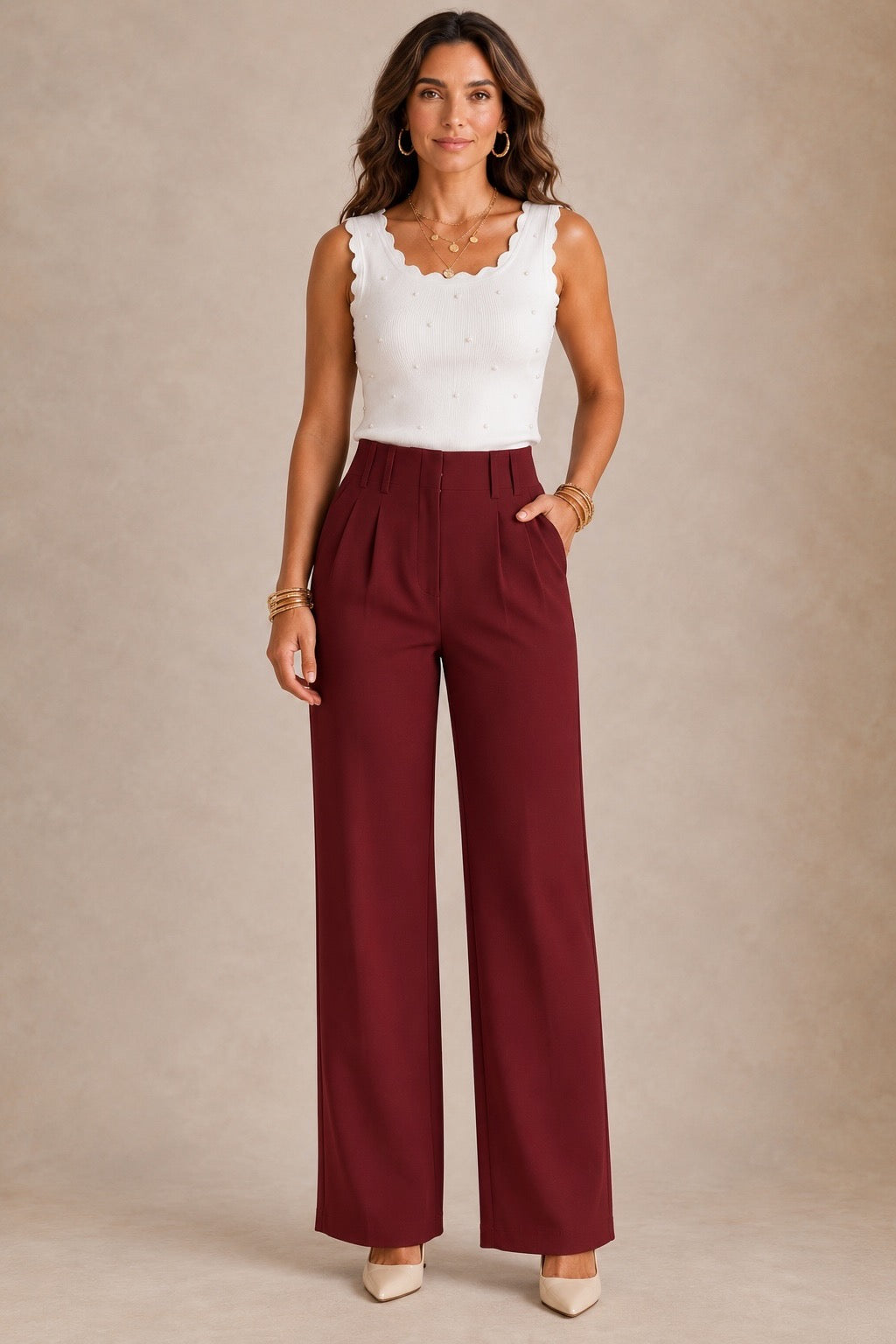 Burgundy Pleated Scuba Elasticated Waistband Trousers