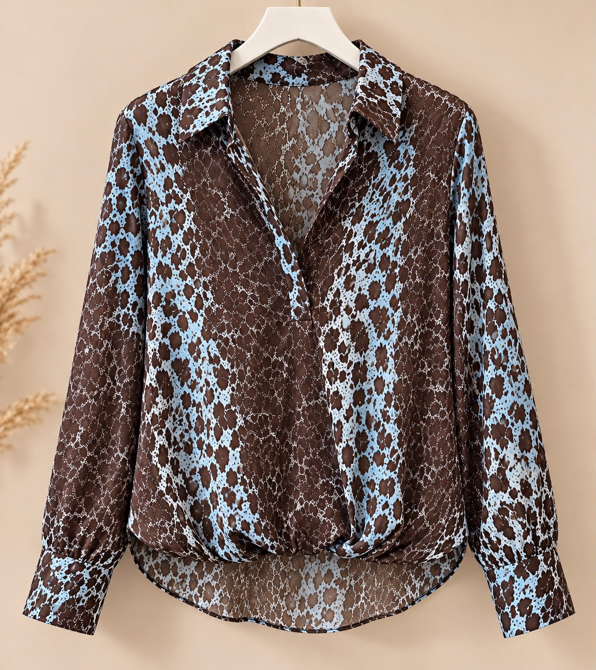 Blue & Choc Animal Print Bubble Hem Blouse
