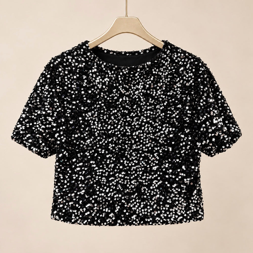 Black Sparkle Sequin Cropped Top