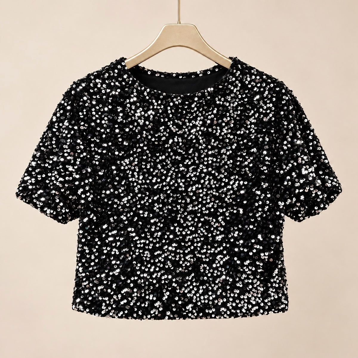 Black Sparkle Sequin Cropped Top