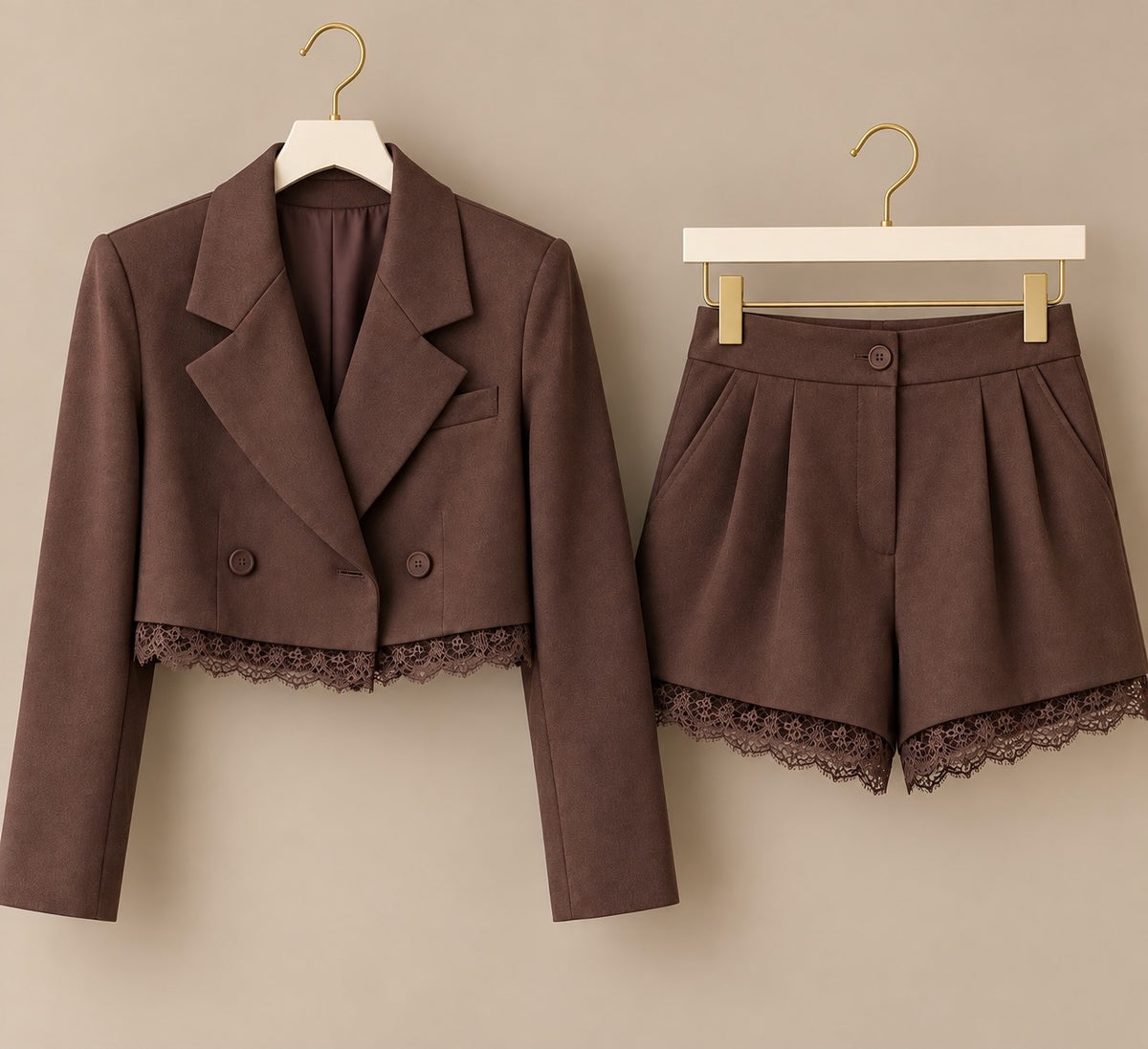Luxe Chocolate Lace Trim Tailored Co-Ord Blazer/ Shorts Set