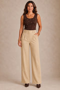Beige Pleated Scuba Elasticated Waistband Trousers