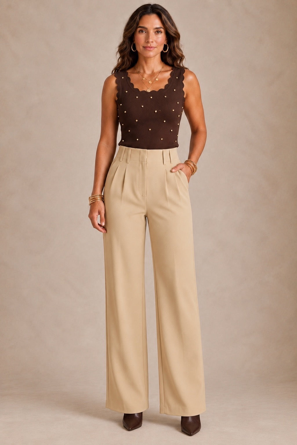 Beige Pleated Scuba Elasticated Waistband Trousers