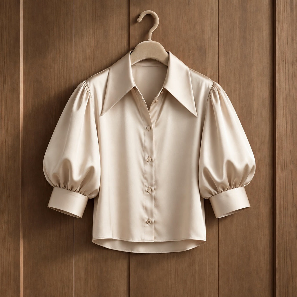 Champagne Satin Look Cropped Puff Sleeve Shirt (available in other colours)