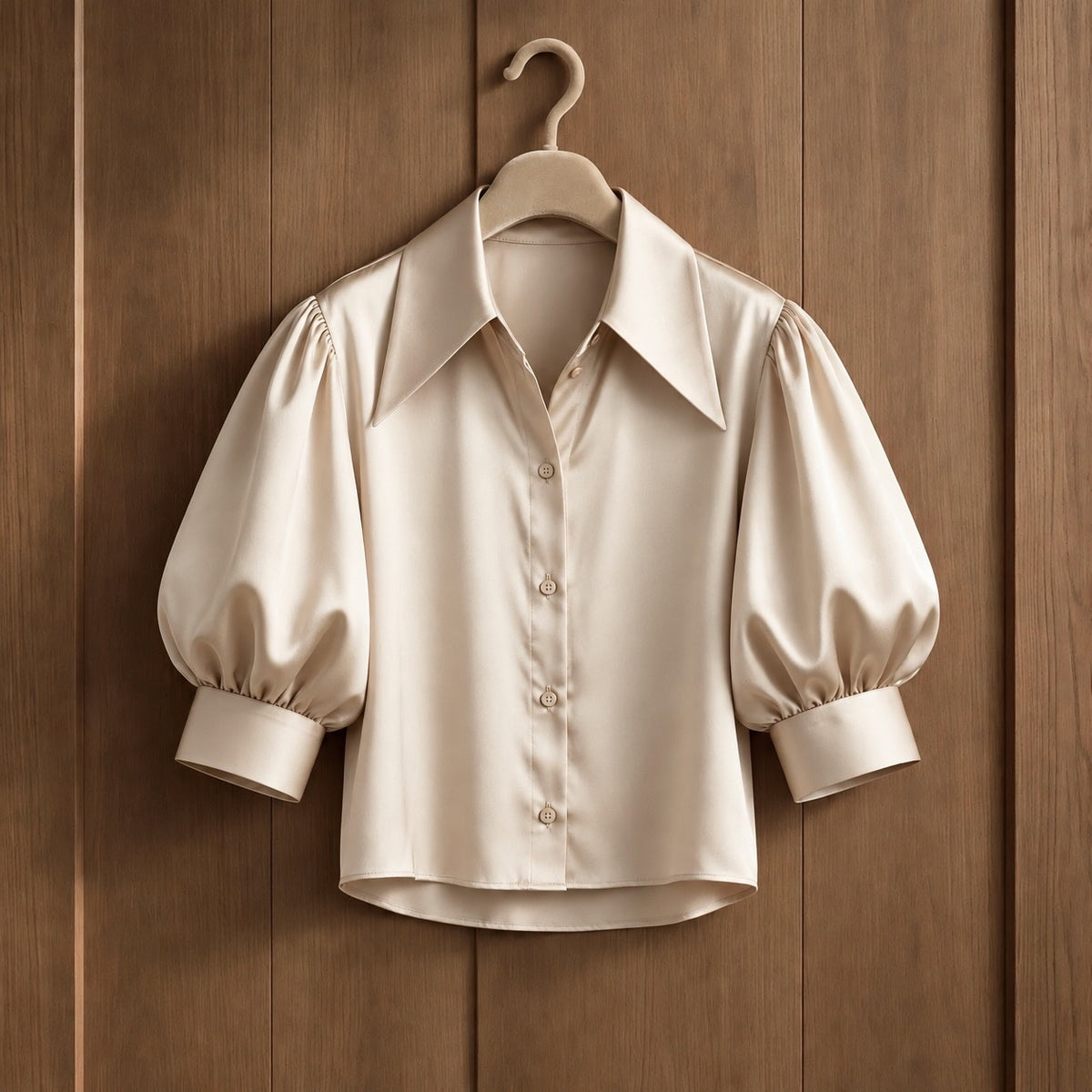 Champagne Satin Look Cropped Puff Sleeve Shirt (available in other colours)