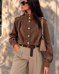 Chocolate Gold Button High Neck Suedette Jacket