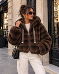 Luxe Chocolate & Black Striped Plush Hooded Bomber Jacket (other colours available)